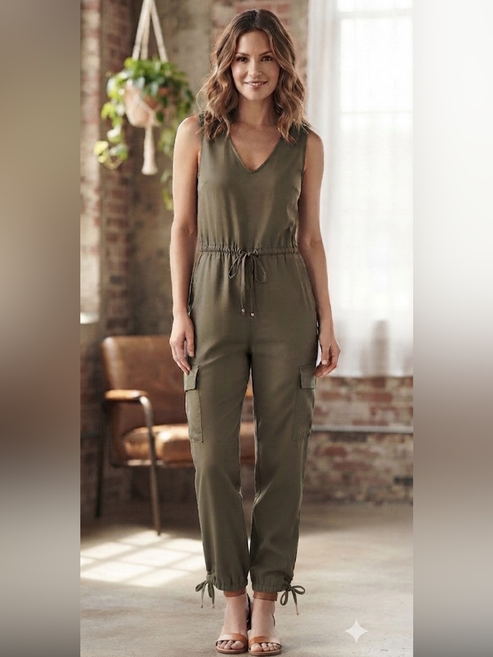 Gilli Olive Green Sleeveless Utility Jumpsuit with Drawstring Waist